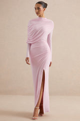 Gatsby | Light Pink High-Neck Maxi Dress With Feather Trim Cuffs