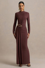Zadie | Brown High-Neck Maxi Dress With Gathered-Detail