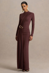 Zadie | Brown High-Neck Maxi Dress With Gathered-Detail