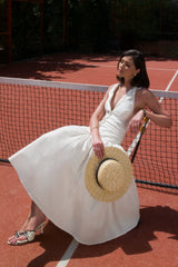 Ella | White Plunge-Neck Midi Dress With Drop-Waist