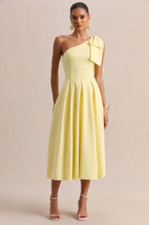 Meria | Lemon Asymmetric-Neck Midi Dress With Bow-Sleeve