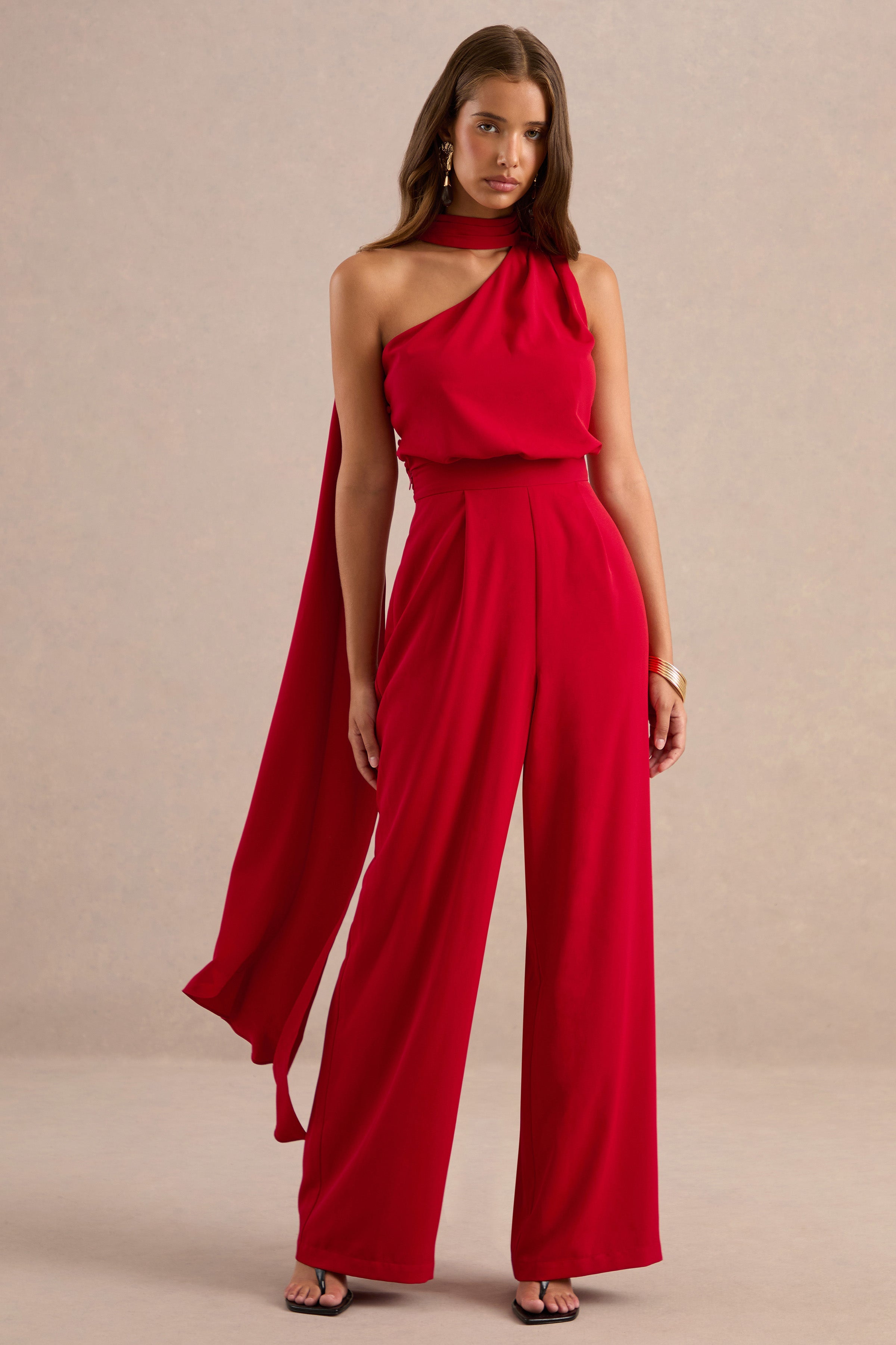 Gliselle | Red Asymmetric-Neck Jumpsuit With Scarf Detail