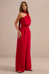Gliselle | Red Asymmetric-Neck Jumpsuit With Scarf Detail