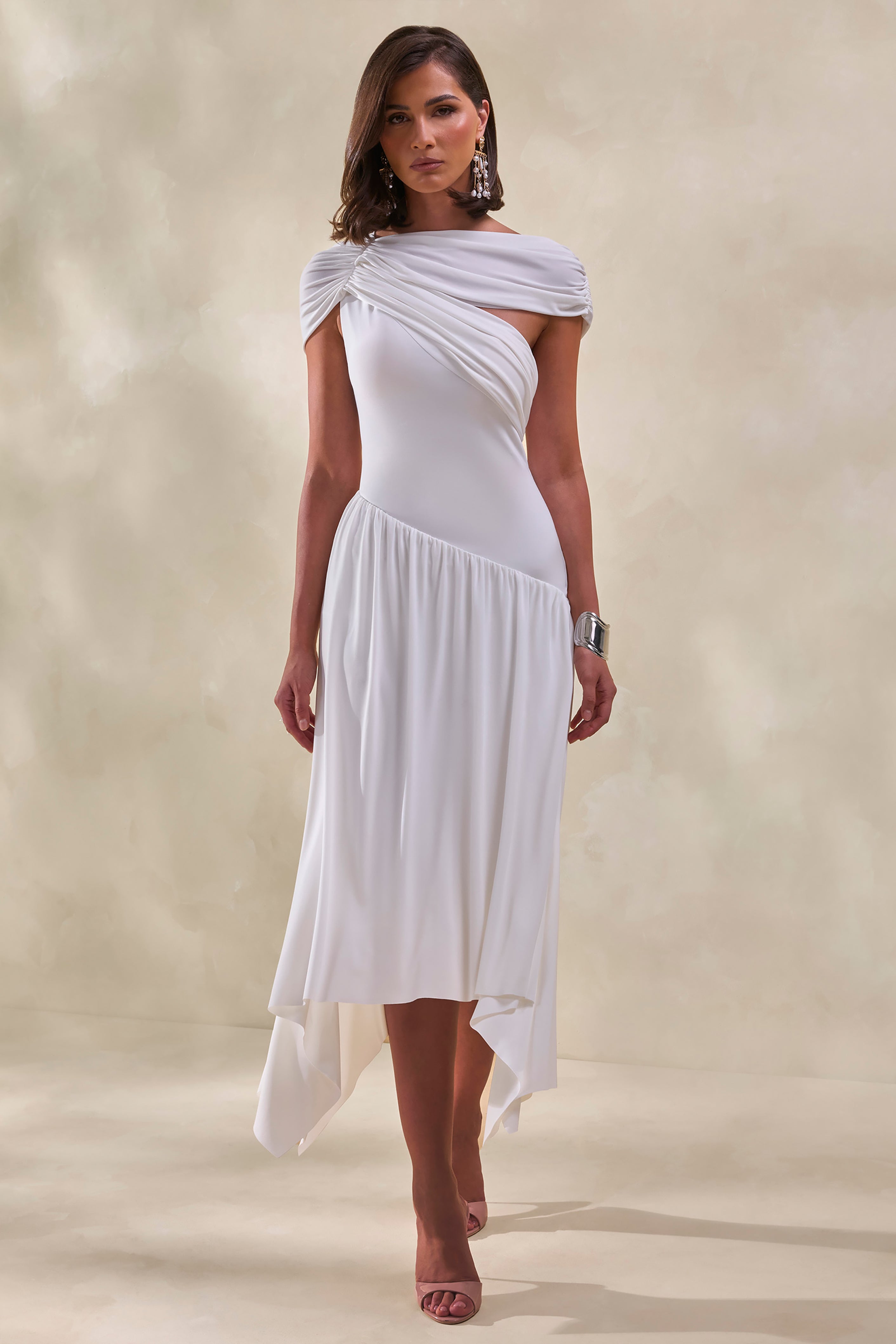 Lorina | White Midi Dress With Asymmetric-Waist