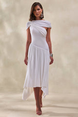 Lorina | White Midi Dress With Asymmetric-Waist