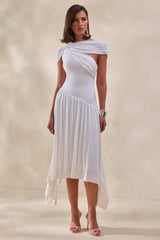 Lorina | White Midi Dress With Asymmetric-Waist