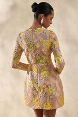 Merdia | Yellow Embellished Floral Crew-Neck Mini Dress