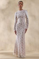Nabina | White Lace Crew-Neck Maxi Dress With Draped Back-Detail