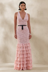 Isoria | Pink And Black Lace Halter-Neck Maxi Dress With Bow-Belt Detail