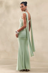 Solyra | Mint Square-Neck Maxi Dress With Sash And Cape Detail