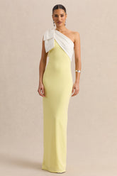 Adara | Lemon & White Asymmetric-Neck Maxi Dress With Bow-Detail