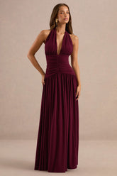 Bettina | Burgundy Plunge-Neck Maxi Dress With Gathered-Detailing