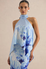 Sancelle | Blue Border Floral Print Matte Satin Halter-Neck Top