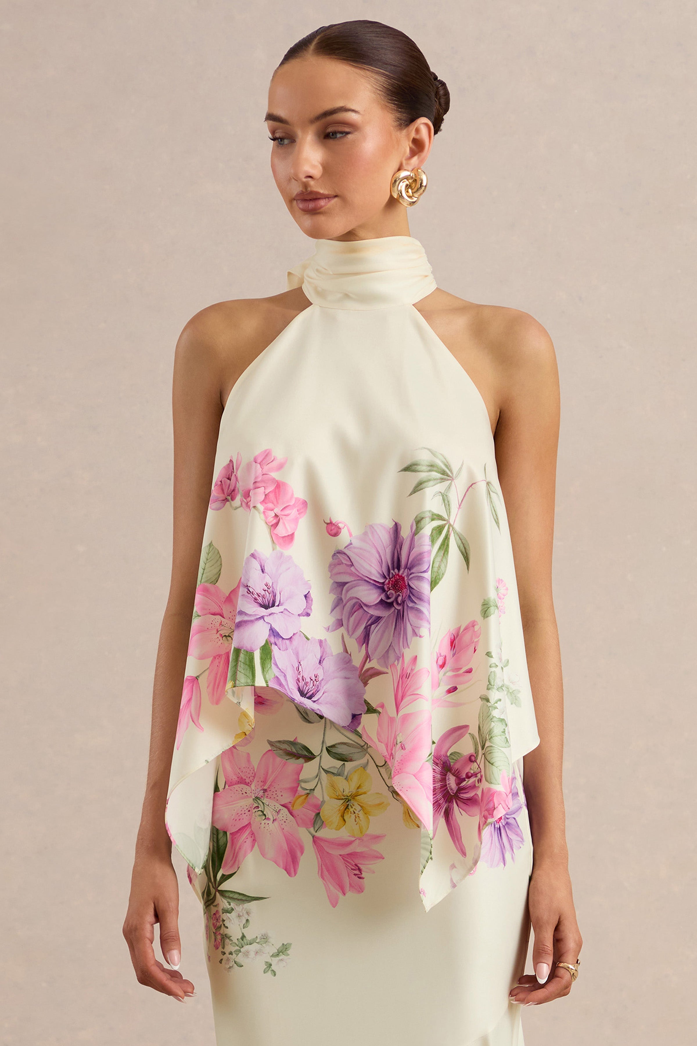 Sancelle | Cream Border Floral Print Matte Satin Halter-Neck Top