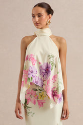 Sancelle | Cream Border Floral Print Matte Satin Halter-Neck Top