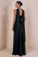 Charly | Black Matte Satin Bandeau Maxi Dress With Scarf-Detail