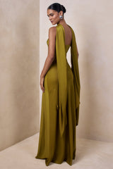 Charly | Olive Matte Satin Bandeau Maxi Dress With Scarf-Detail