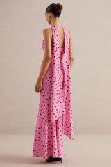 Starling | Pink & Black Polka Dot Matte Satin Plunge-Neck Maxi Dress With Scarf-Detail