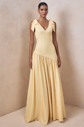 Cala | Lemon Matte Satin Plunge-Neck Maxi Dress With Bow-Sleeves