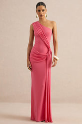 Lunoria | Coral Asymmetric-Neck Maxi Dress With Gathered-Detailing