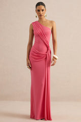 Lunoria | Coral Asymmetric-Neck Maxi Dress With Gathered-Detailing