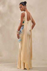 Brooke | Lemon And Blue Floral Print Bandeau Maxi Dress With Scarf