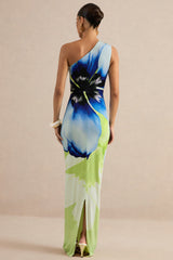 Niya | Lime And Blue Floral Placement Print Asymmetric-Neck Maxi Dress