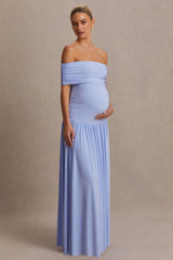 Juliette | Powder Blue Bardot-Neck Maternity Maxi Dress With Drop-Waist