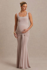Baylin | Nude Square-Neck Maternity Maxi Dress With Ruched Detailing And Sash