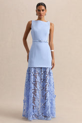 Verena | Powder Blue Boat-Neck Belted Maxi Dress With Lace Skirt