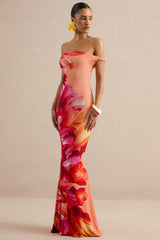 Katia | Hot Pink Placement Floral Print Asymmetric-Neck Maxi Dress