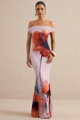 Katia | Pink Poppy Print Bardot-Neck Maxi Dress