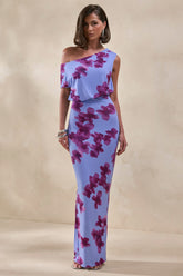 Louisa | Blurred Floral Print Asymmetric-Neck Maxi Dress