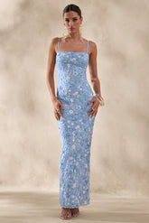 Miren | Light Blue Embellished Sequin Bandeau Maxi Dress