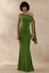 Vista | Green Asymmetric-Neck Maxi Dress With Knot-Sleeve Detail
