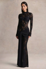 Akira | Black Lace Maxi Dress With Sash-Detail