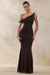 Afina | Brown Lace Asymmetric-Neck Maxi Dress