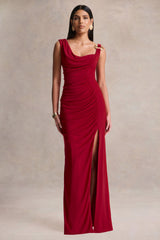 Vesperelle | Red Scoop-Neck Maxi Dress With Gathered-Detailing
