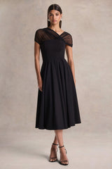 Rosette | Black Asymmetric-Neck Midi Dress