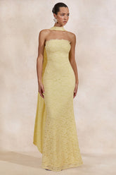 Massima | Lemon Lace Bandeau Maxi Dress With Scarf-Detail