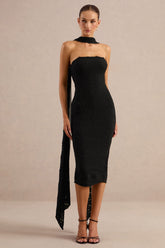 Rosaria | Black Lace Bandeau Midi Dress With Scarf-Detail