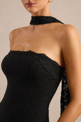Rosaria | Black Lace Bandeau Midi Dress With Scarf-Detail