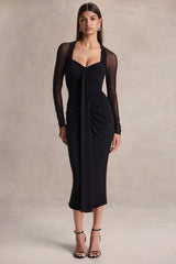 Rosetta | Black Sweetheart-Neck Midi Dress With Sheer-Sleeves