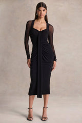Rosetta | Black Sweetheart-Neck Midi Dress With Sheer-Sleeves