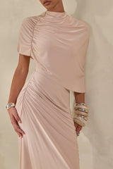 Lunaline | Champagne High-Neck Maxi Dress With Asymmetric Cape And Draped-Detailing