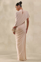 Lunaline | Champagne High-Neck Maxi Dress With Asymmetric Cape And Draped-Detailing