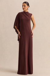Marosia | Brown High-Neck Maxi Dress With Cape Sleeve