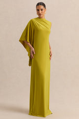 Marosia | Olive High-Neck Maxi Dress With Cape Sleeve