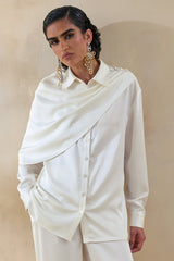 Serenza | Cream Satin Collared-Shirt With Cape-Detail