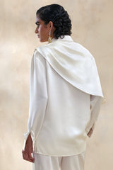 Serenza | Cream Satin Collared-Shirt With Cape-Detail